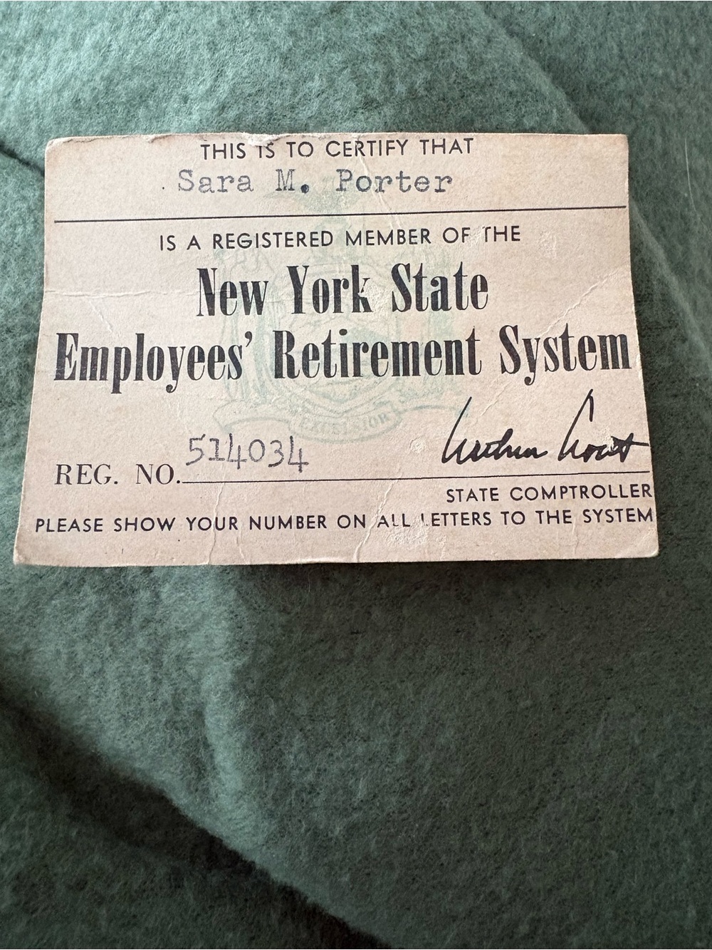 Vintage New York State Employees' Retirement System Card - Sara Porter 1955-1978